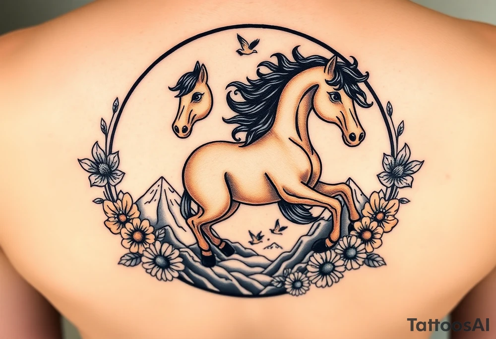 A golden mustang horse with black mane and legs, captured in motion inside a circle. The mountains and nature should frame the design, blending with the horse's black fur as a base to represent the landscape. Experiment with using the black fur to shape the mountains, playing with edges or interior details. floral ornaments and birds tattoo idea