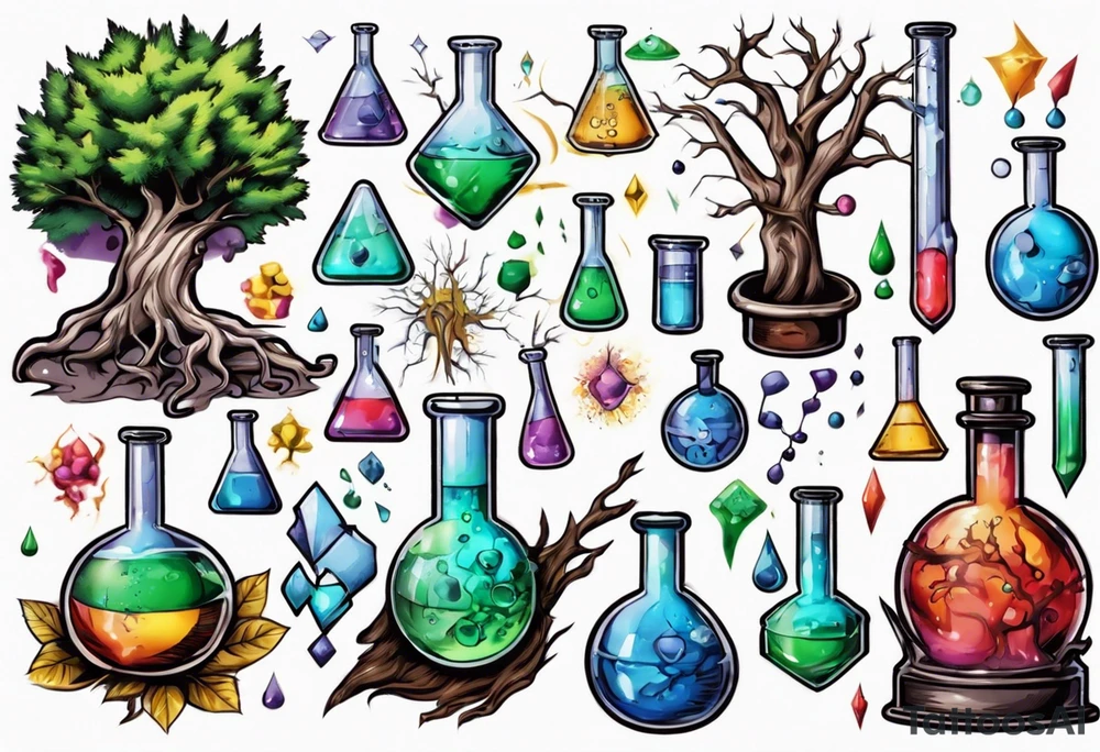 Tree with Chemistry items such as flasks and beakers filled with chemicals tattoo idea