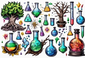 Tree with Chemistry items such as flasks and beakers filled with chemicals tattoo idea