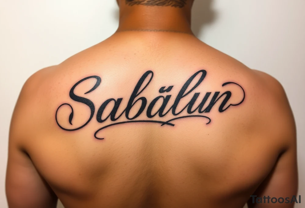 Script tattoo, LA Chicano style, style like alecki ramos the tattoo artist, I need it to say both my last names - Salcedo and Cabalum. One on top of the other. I need it to spread across the top half of my back, touching the top of shoulder blades. tattoo idea