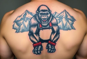 gorilla wearing amateur wrestling shoes and an singlet for a match as a person would. The surrounding area is mountainous jungle tattoo idea