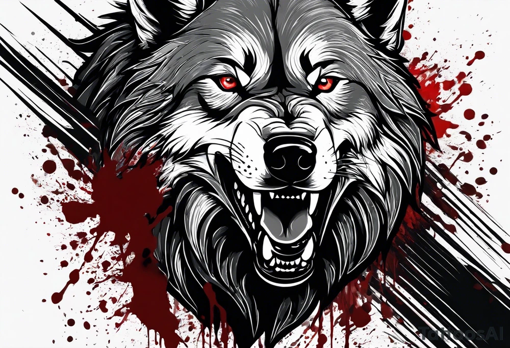 Create aggressive WOLF, with some blood coming out of his mouth and saliva. BLOOD IN THE BACKGROUND. Make it a drawing and use the image of reference. I am going to add. I want HIM TO BE ANGRY WITH RED EYES use VICIOUS WOLF THATS ANGRY tattoo idea
