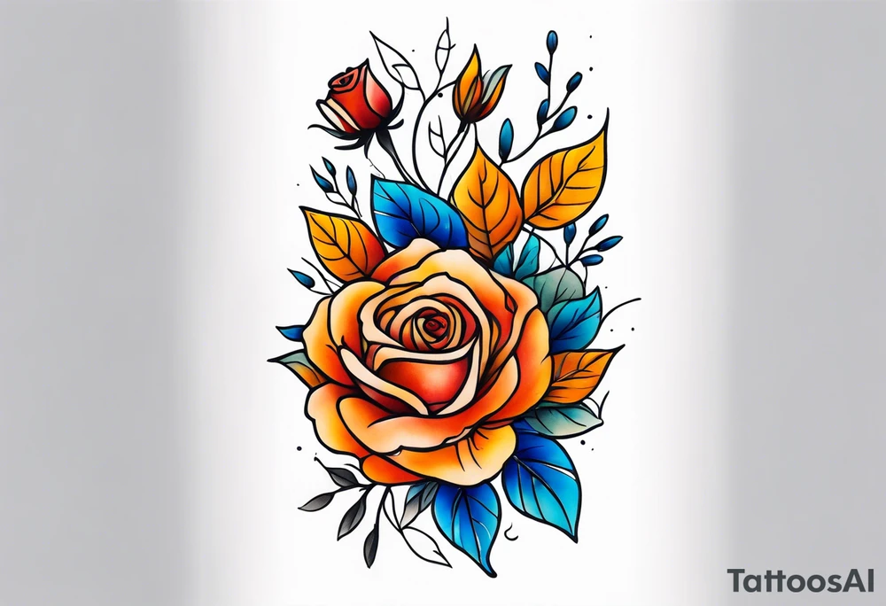 Front knee tattoo with fall colors, small flowers, rose, leaves, blue water flows with washes and background tattoo idea