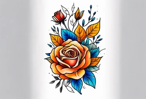 Front knee tattoo with fall colors, small flowers, rose, leaves, blue water flows with washes and background tattoo idea