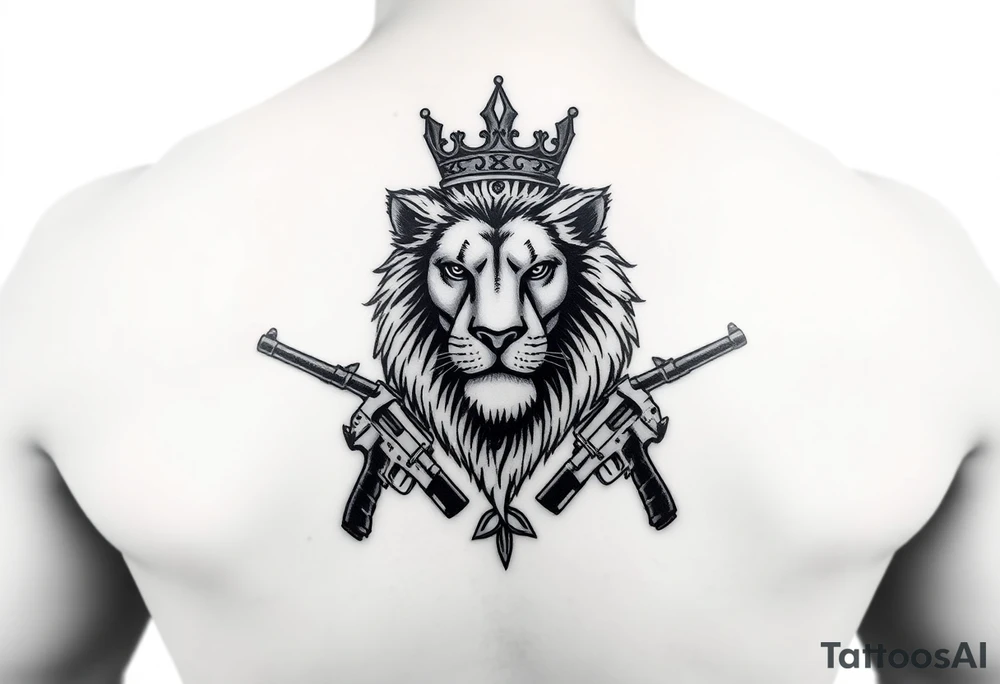 lion with a crown, surrounded guns tattoo idea