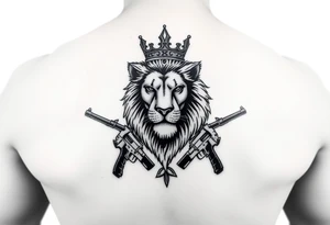 lion with a crown, surrounded guns tattoo idea