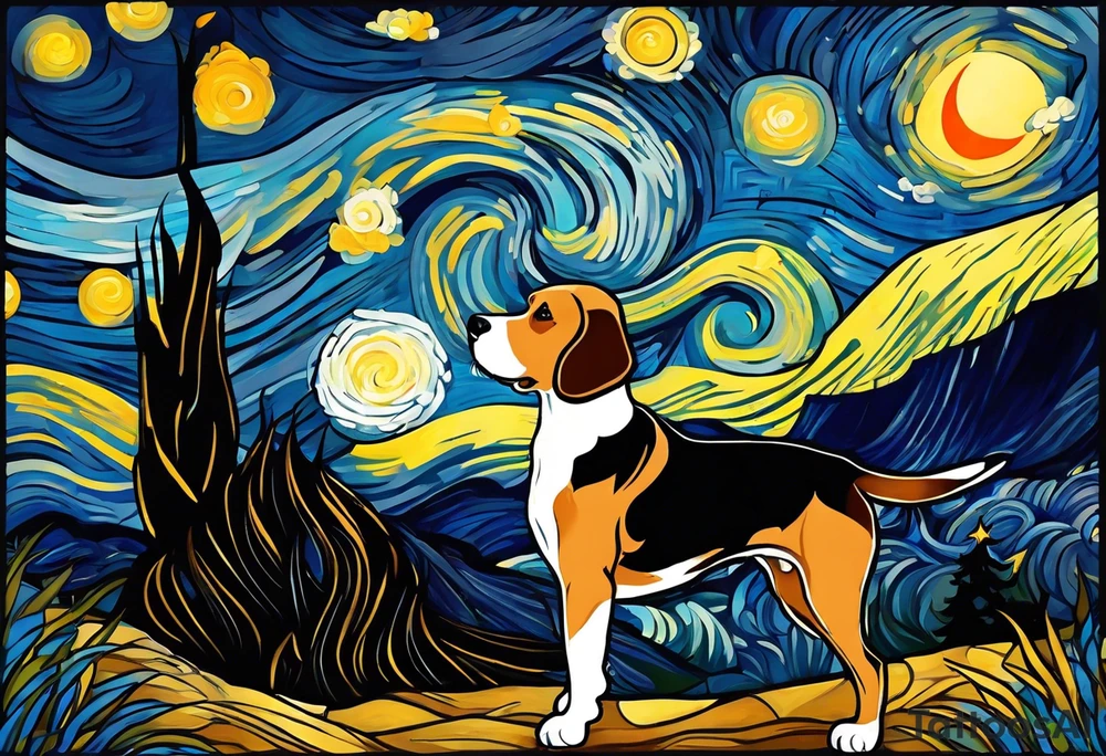 A silhouette of a beagle,and a human male looking up at Van Gogh's Starry Night. The tattoo must be twice as tall as it's width. tattoo idea
