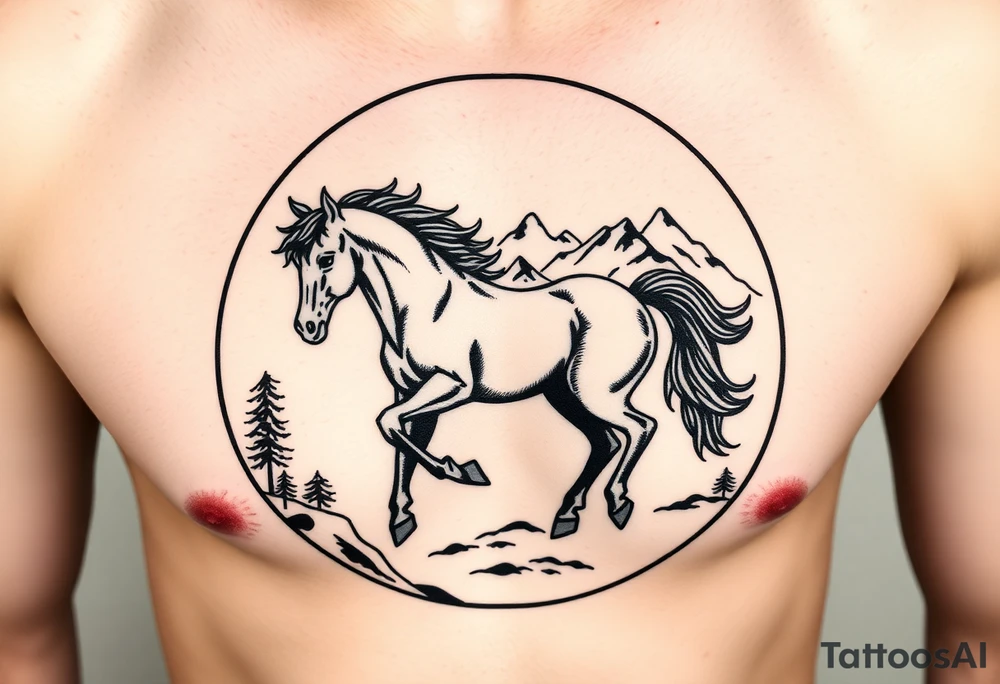 A golden mustang horse with black mane and legs, captured in motion inside a circle. The mountains and nature should frame the design, blending with the horse's black fur as a base to represent the landscape. Experiment with using the black fur to shape the mountains, playing with edges or interior details. tattoo idea