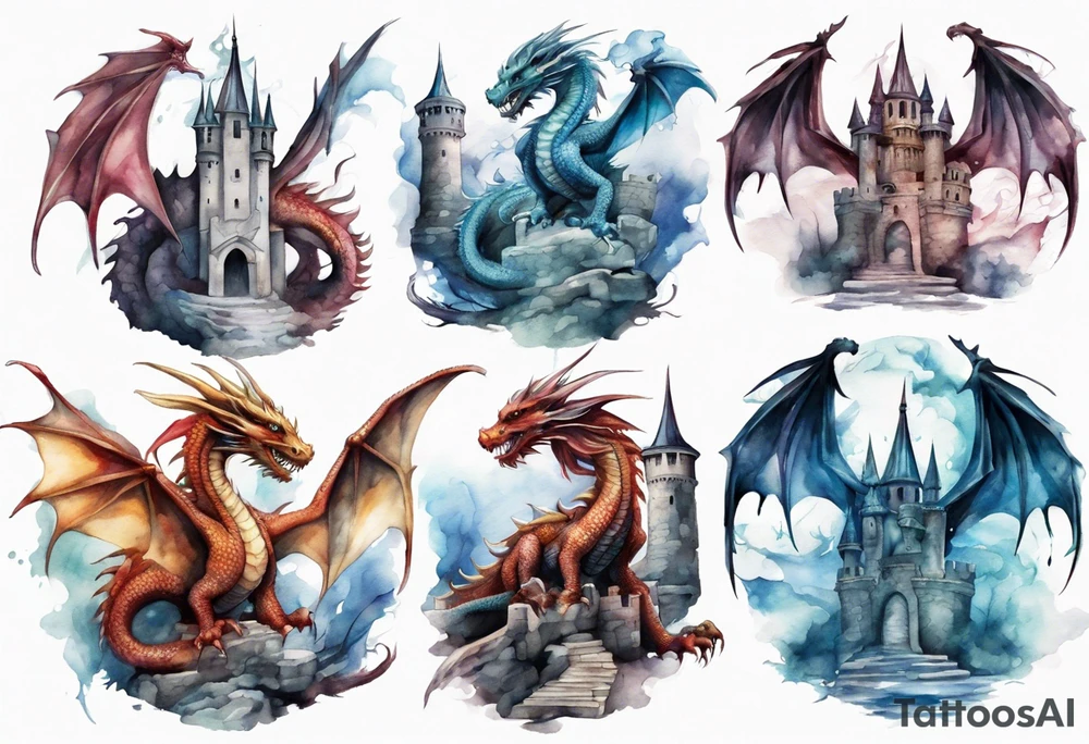realistic mystic dragons protecting a castle tattoo idea
