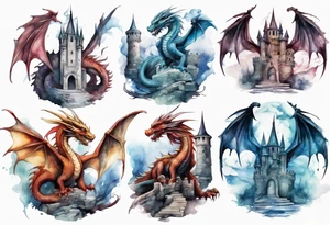 realistic mystic dragons protecting a castle tattoo idea