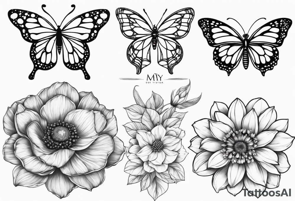 May, September, and November birth flower 2 time pieces with a bee and butterfly sleeve tattoo idea