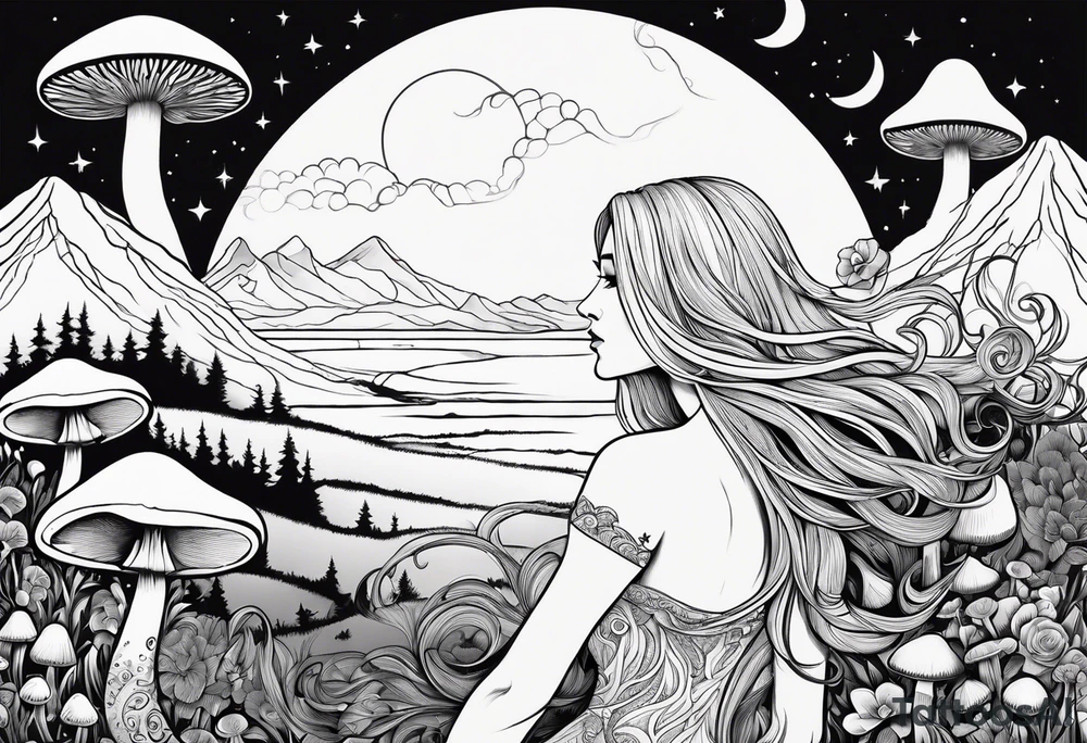 Blonde long straight hair older woman no makeup surrounded by mushrooms facing away mountains crescent moon background tattoo idea