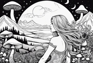 Blonde long straight hair older woman no makeup surrounded by mushrooms facing away mountains crescent moon background tattoo idea
