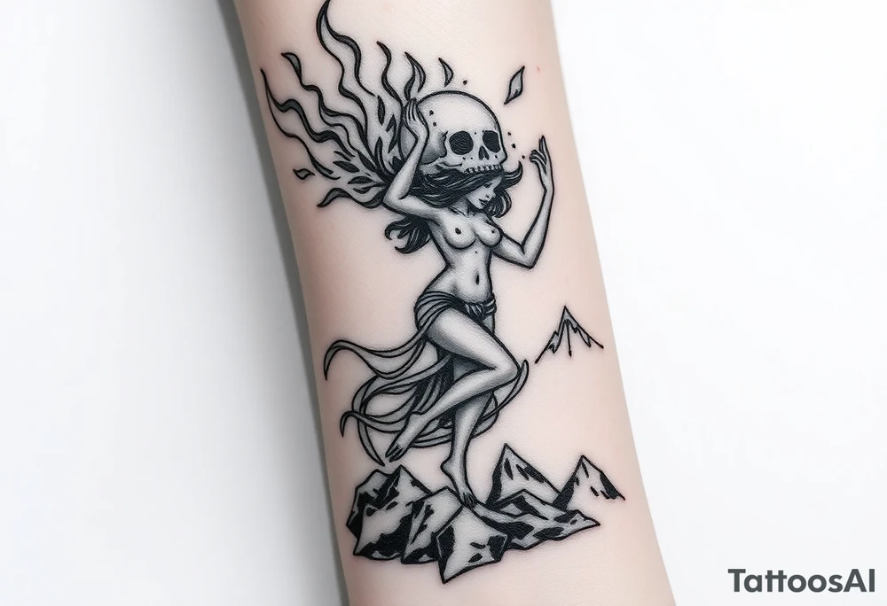 Fire hell storm with cold cuts through a soul dropping era and a dancing woman naked in the rain a blast of bc with future combing into a mystery mountain off God tattoo idea