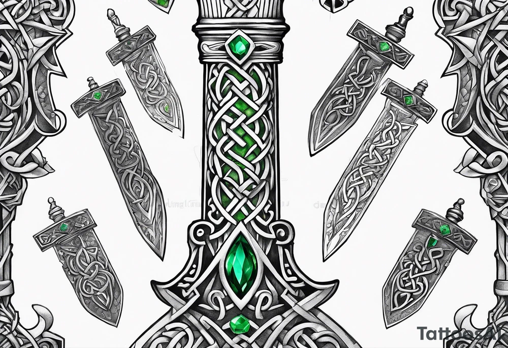 A Celtic dagger with an oak hilt turned upright and emerald gemstones on it tattoo idea