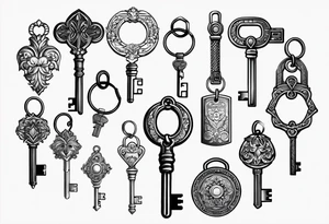 a keychain with differents keys just lines tattoo idea