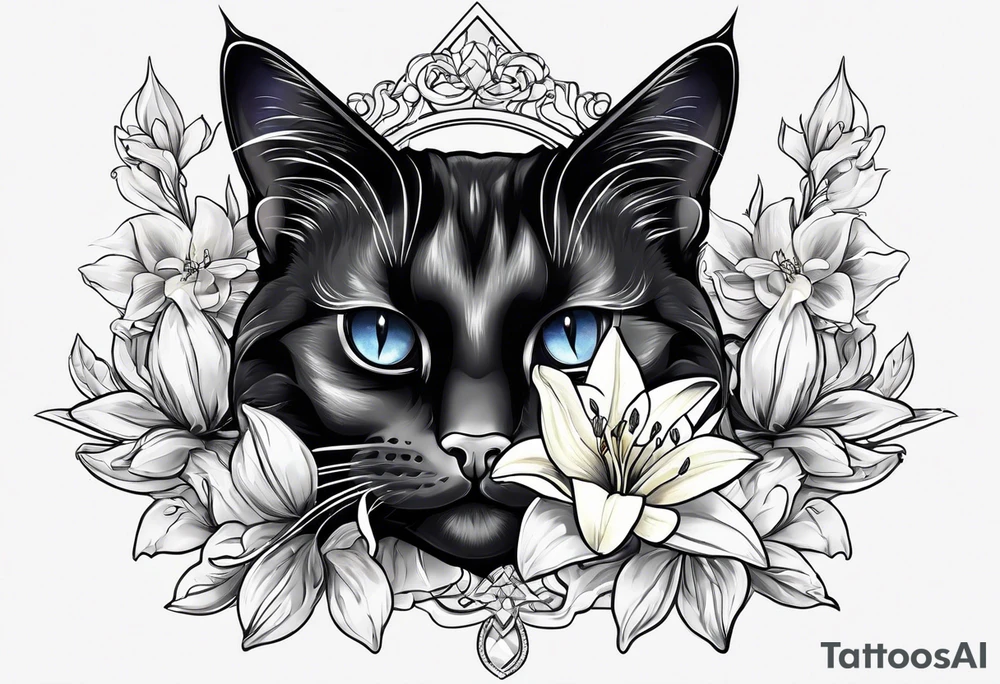 Blavk cat with lilies crystals and diamonds tattoo idea