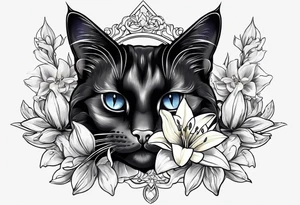 Blavk cat with lilies crystals and diamonds tattoo idea