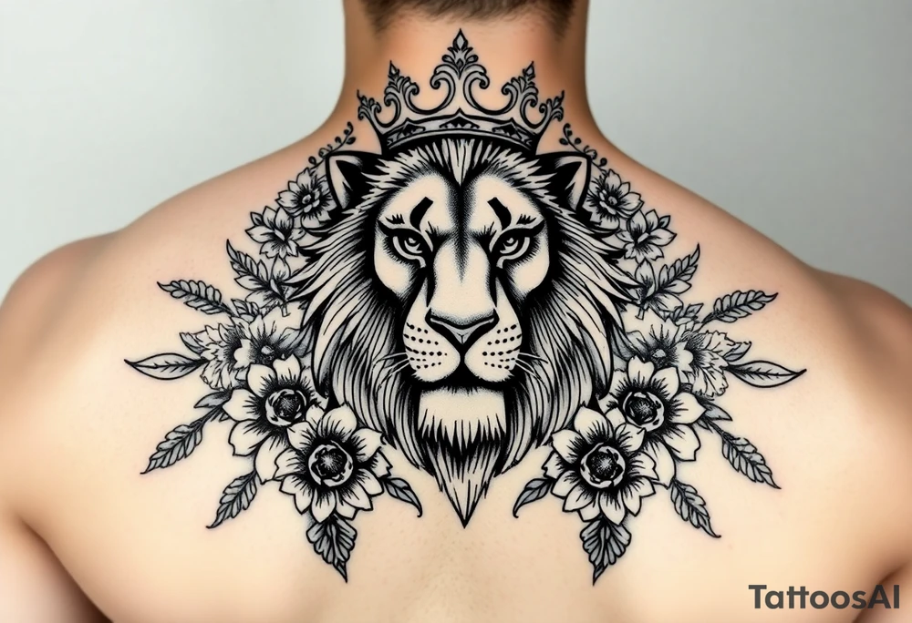 powerful majestic lion with a crown, surrounded by floral ornaments and birds tattoo idea
