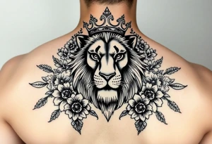 powerful majestic lion with a crown, surrounded by floral ornaments and birds tattoo idea