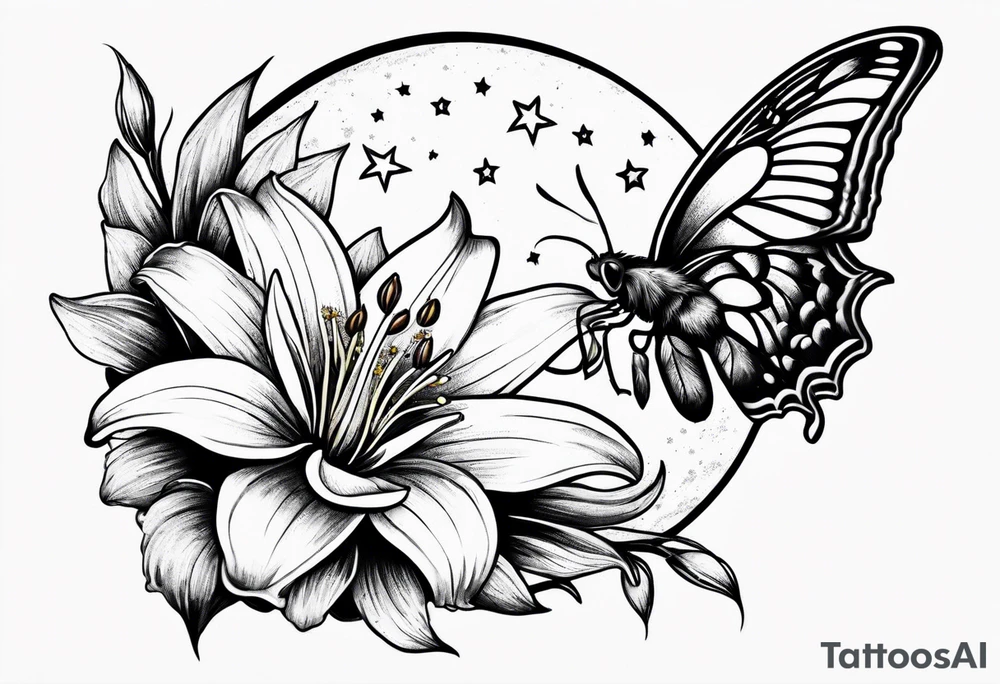 Small moon and stars with a moth and lily flowers tattoo idea