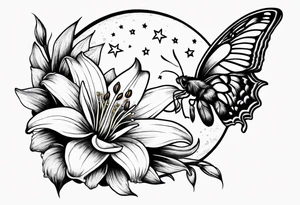 Small moon and stars with a moth and lily flowers tattoo idea