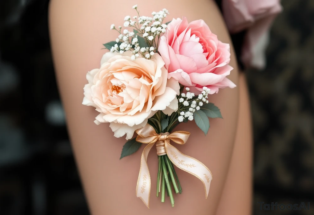A delicate, hand-tied bouquet of roses, peonies, and baby’s breath, with soft pink, ivory, and pastel peach petals. The stems are wrapped in a silk ribbon with golden embroidery, flowing gently in the wind. Subtle watercolor shading creates a dreamy, romantic feel. tattoo idea