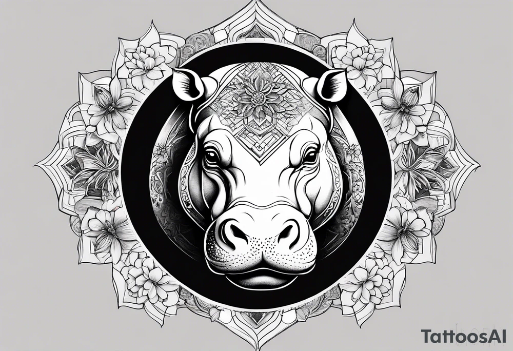 Very asymmetrical, +geometric pattern, with realistic full moon, with seeious looking hippo, +zen feel, + Buddhism touch,
with wintersweet flower bud, +portrait orientation, +inkart touch, tattoo idea