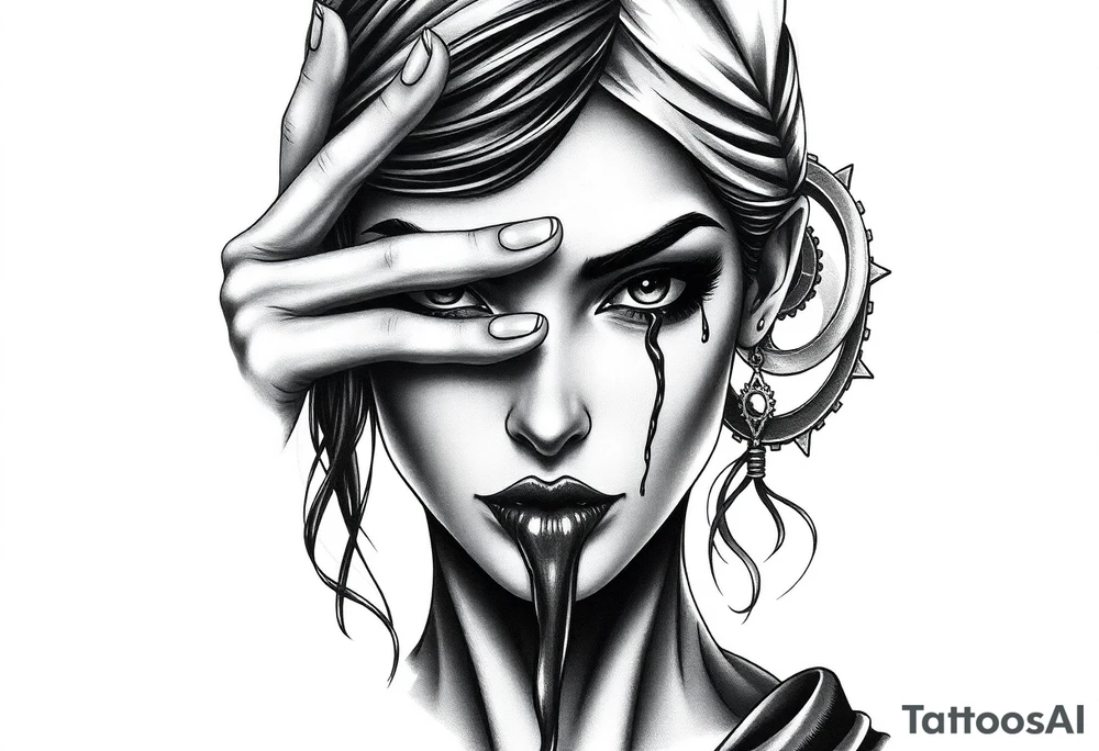 Black and grey realism tattoo design of a beautiful woman's face. Her right hand covers her eyes (see no evil), her left index finger is at her lips (speak no evil). Her ears are dripping blood that is steaming down her neck and cheek. The style is black and grey realism, hyper-realistic, dark, and evil. Incorporate ninja gear elements and mechanical details (gears) subtly into the background or clothing for a gear ninja evil look. Design for a full forearm sleeve placement tattoo idea