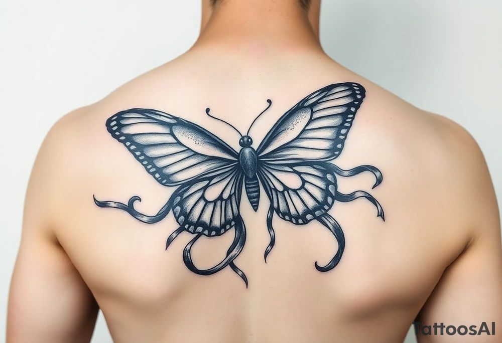 ethereal butterfly with flowing silk ribbons in moonlight tattoo idea