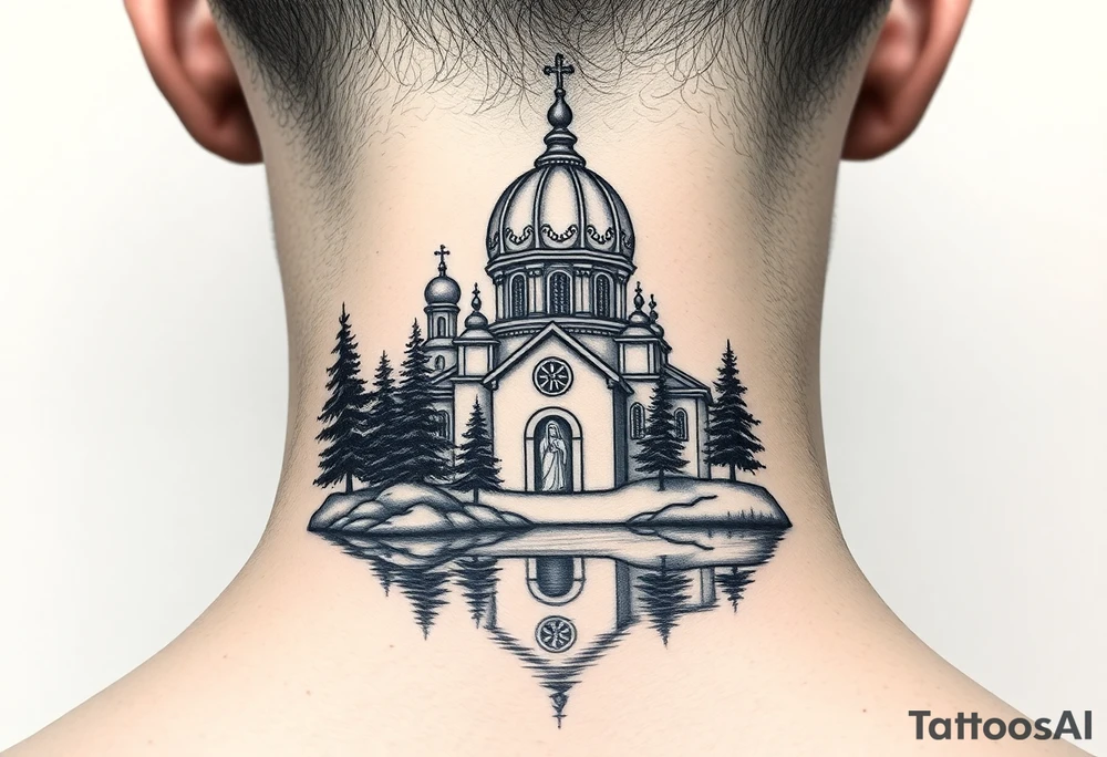 medium sized russian orthodox dome church with a separated virgin mary praying beside a lake and pine trees on the sized of my neck tattoo idea