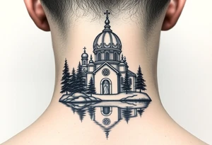medium sized russian orthodox dome church with a separated virgin mary praying beside a lake and pine trees on the sized of my neck tattoo idea