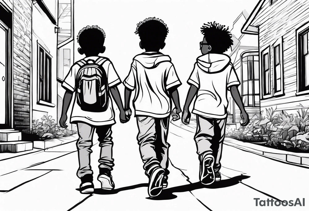 full bodies of 3 black school age boys walking away together and one is looking to the side at the one in the middle tattoo idea