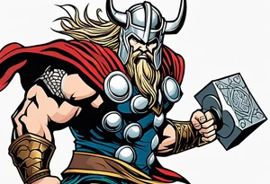 The Mighty Thor not so muscular profile with mjolnir with the entire design shown tattoo idea