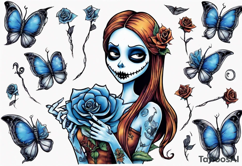 Nightmare before Christmas Sallyholding a flower. With a blue butterfly flying around her. tattoo idea