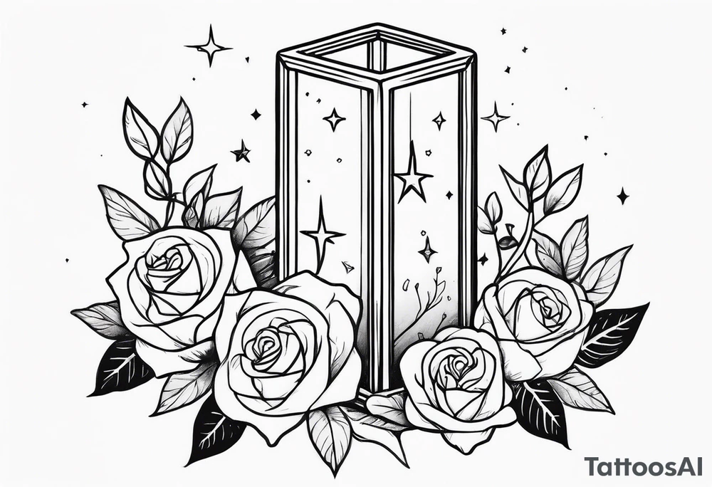 Tall Tesseract with roses and stars dainty tattoo idea