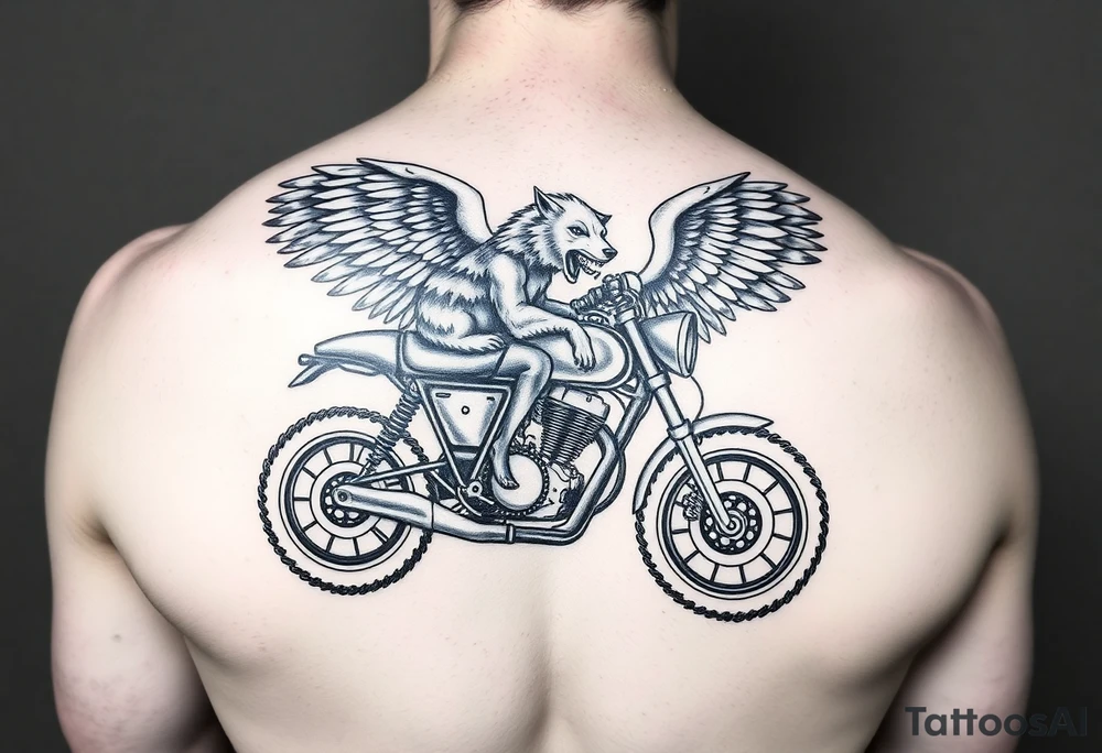 a motorcycle on it with guardian angel wolves on the bike tattoo idea