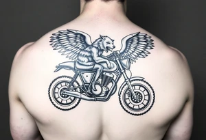 a motorcycle on it with guardian angel wolves on the bike tattoo idea