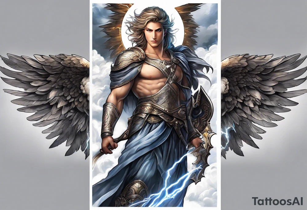 forearm sleeve of michael the archangel with clouds and lightning tattoo idea