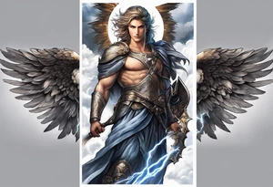 forearm sleeve of michael the archangel with clouds and lightning tattoo idea