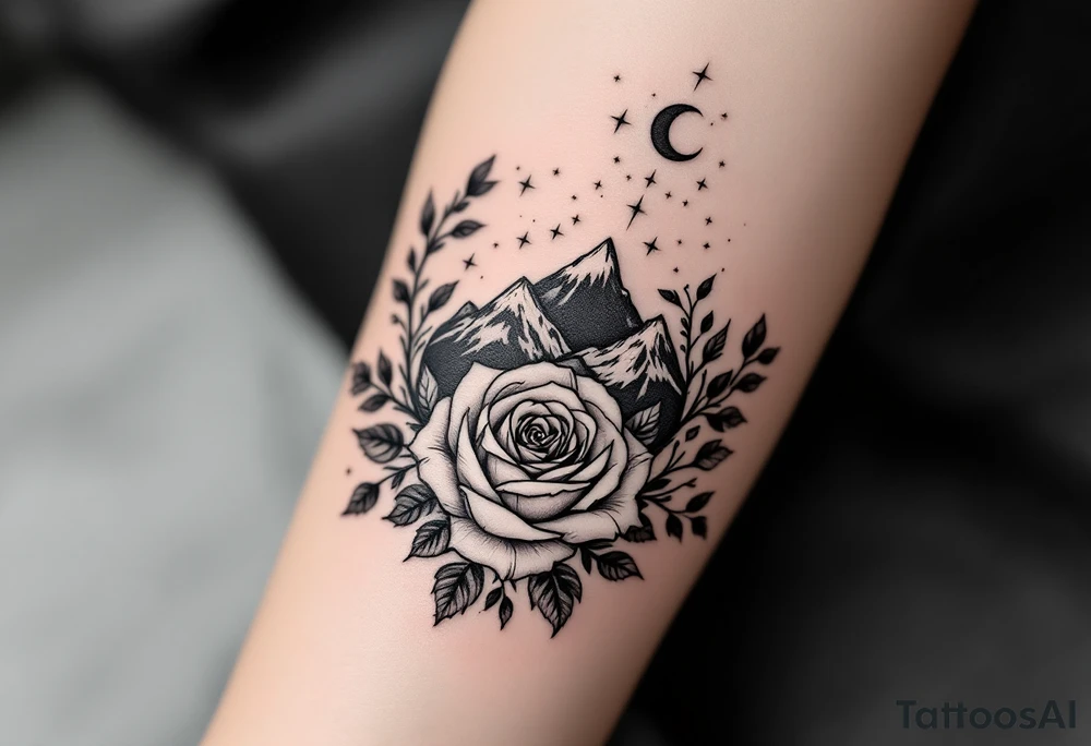 Rose vine with wolf, moon and stars mountains wrap around tattoo idea