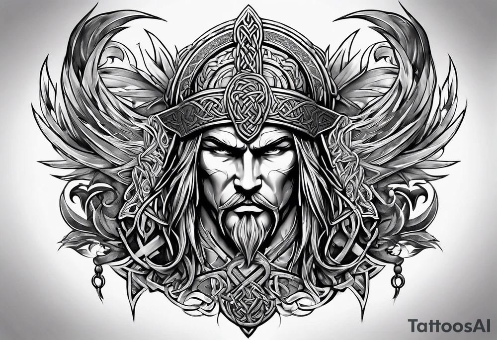 Medial view Celtic warrior weapons unsheathed tattoo idea