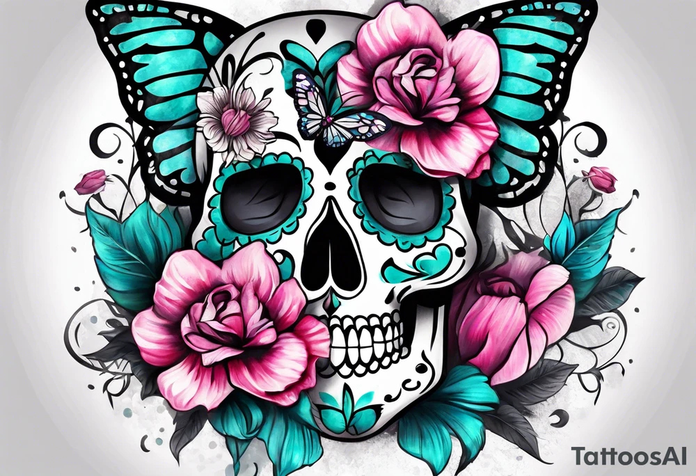 sugar skull butterflies pink and teal flowers tattoo idea
