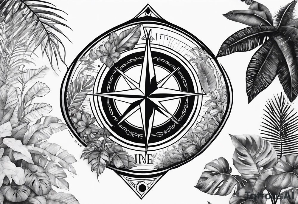 sleeve tattoo with jungle plants and viking compass tattoo idea