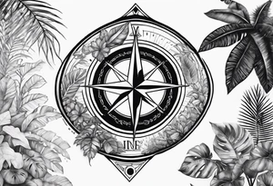 sleeve tattoo with jungle plants and viking compass tattoo idea