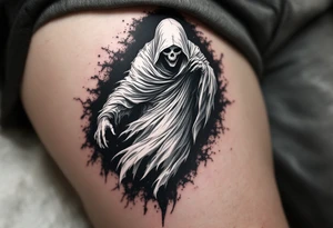 A ghostly white Reaper floating through a black void with hints of  blue trailing his robe. tattoo idea