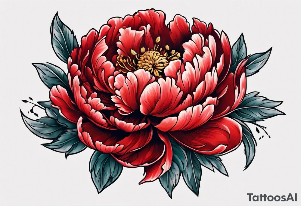 Red peony with small rabbit on petal tattoo idea