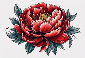 Red peony with small rabbit on petal tattoo idea