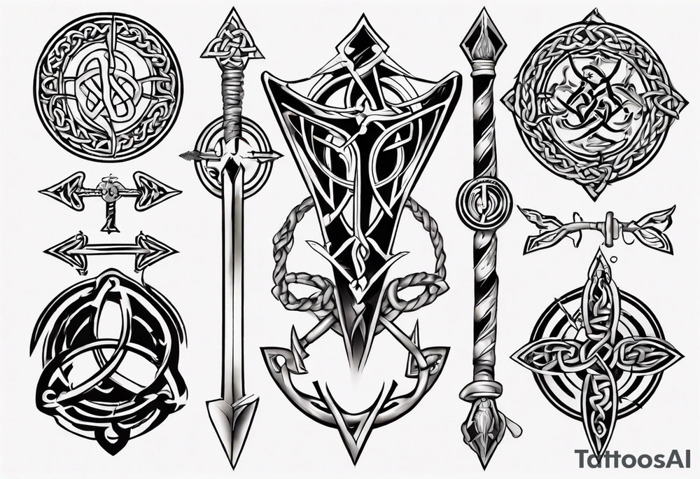 Celtic arrow
 including symbols for temperance wisdom courage justice tattoo idea