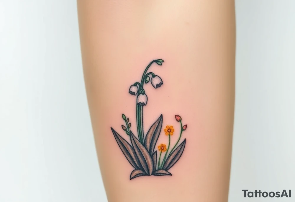 Small White lily in the valley bells growing next to other different colored lilie plants planted 
around  blooming hawthorn tree tattoo idea